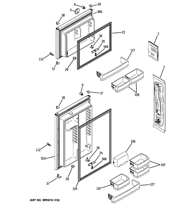 DOORS Diagram and Parts List for GTS18SHXARSS  General Electric Refrigerator
