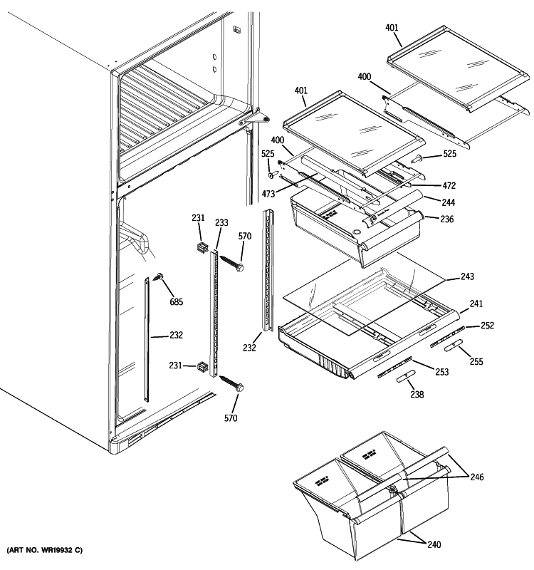 FRESH FOOD SHELVES Diagram and Parts List for GTS18SHXARSS  General Electric Refrigerator