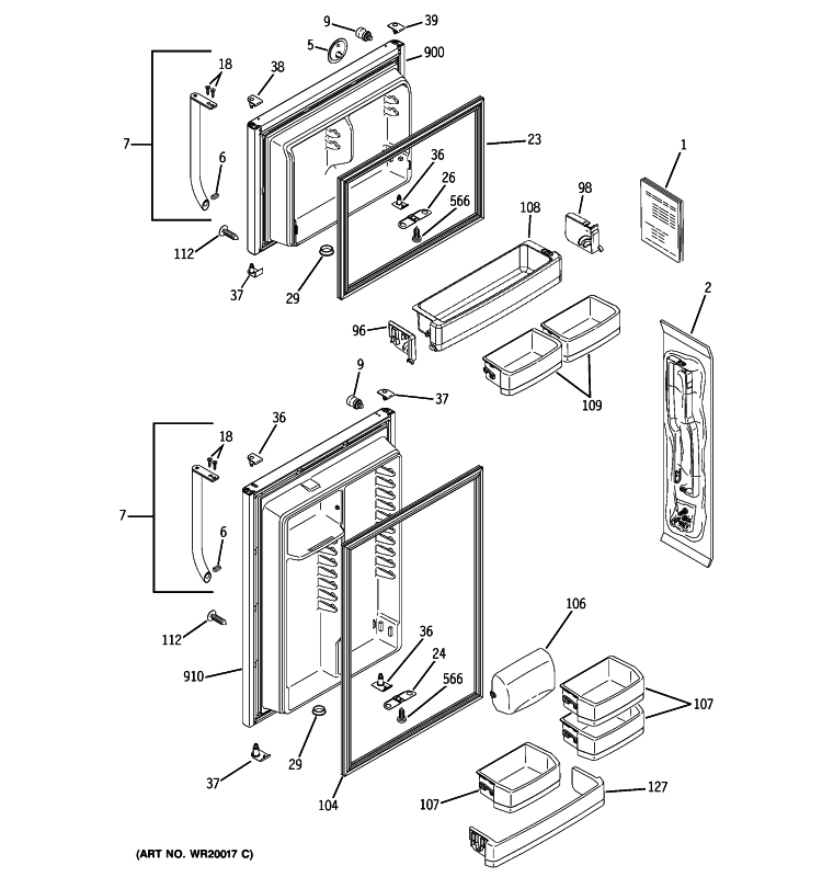 DOORS Diagram and Parts List for PTS18SBSXRSS  General Electric Refrigerator
