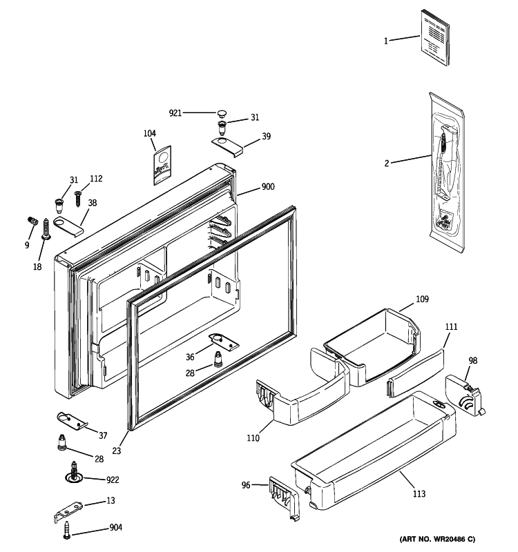 FREEZER DOOR Diagram and Parts List for PTS25LHSCRWW  General Electric Refrigerator
