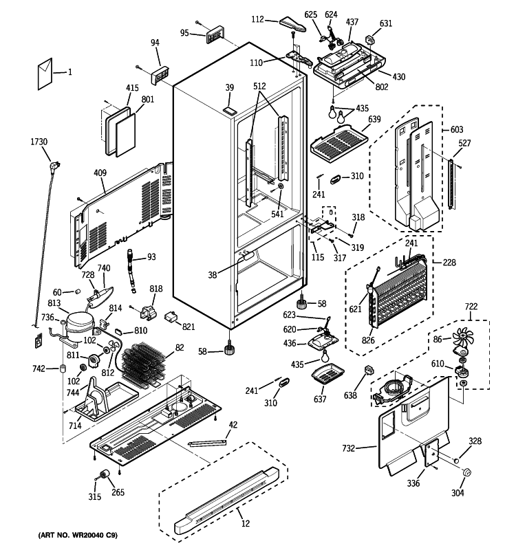 CABINET Diagram and Parts List for GBS22KBSCBB  General Electric Refrigerator