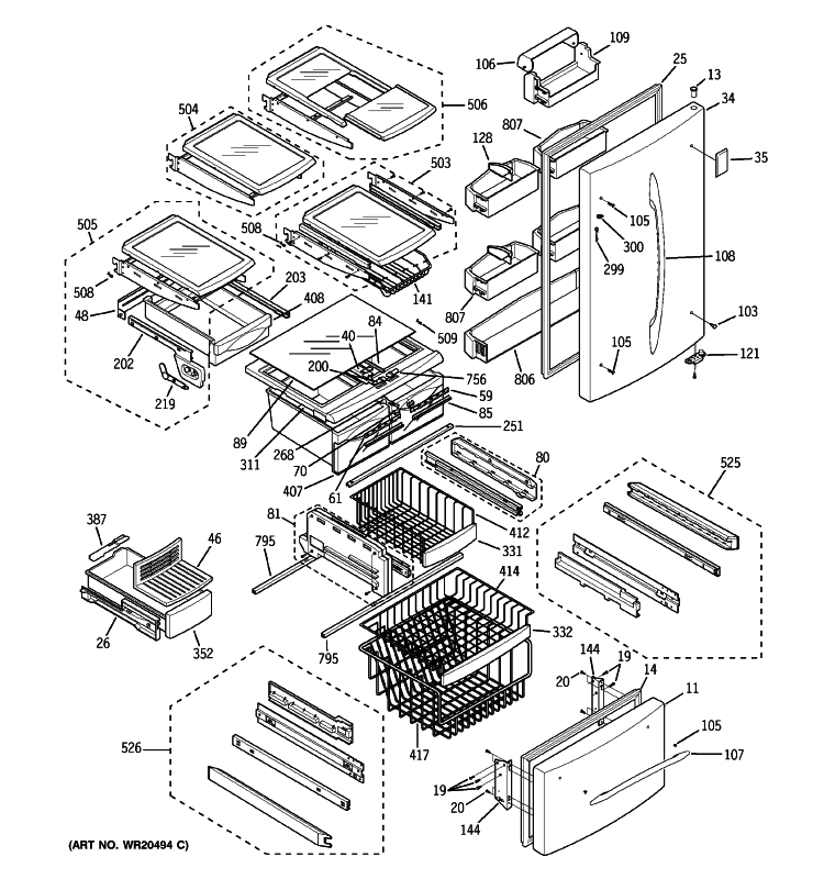 DOORS & SHELVES Diagram and Parts List for PDS20SBSDRSS  General Electric Refrigerator