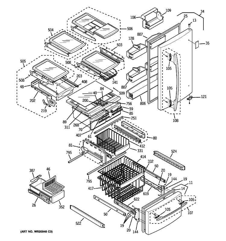 DOORS & SHELVES Diagram and Parts List for PDS22SFSCLSS  General Electric Refrigerator