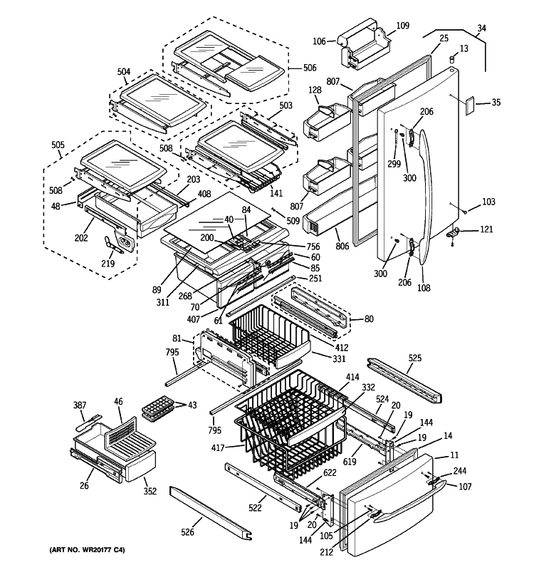 DOORS & SHELVES Diagram and Parts List for GDS20KCSCBS  General Electric Refrigerator