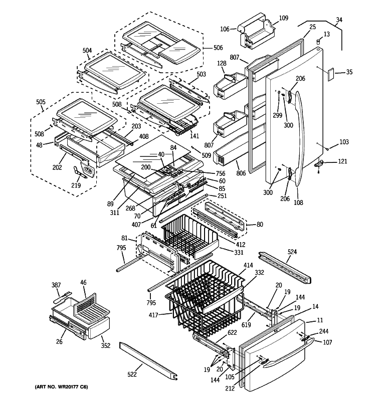 DOORS & SHELVES Diagram and Parts List for PDS22MIWBBB  General Electric Refrigerator
