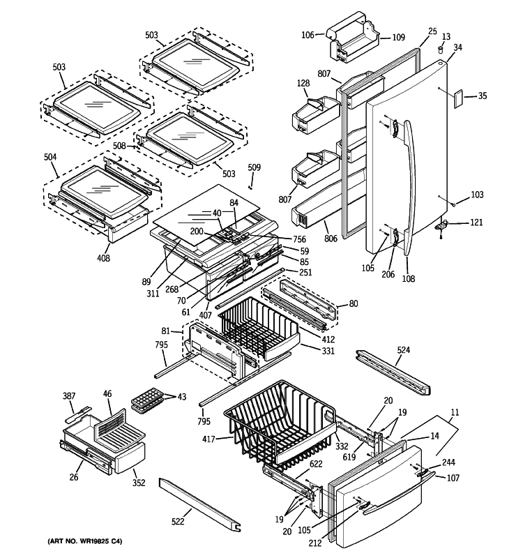 DOORS & SHELVES Diagram and Parts List for GDS20KBSCBB  General Electric Refrigerator