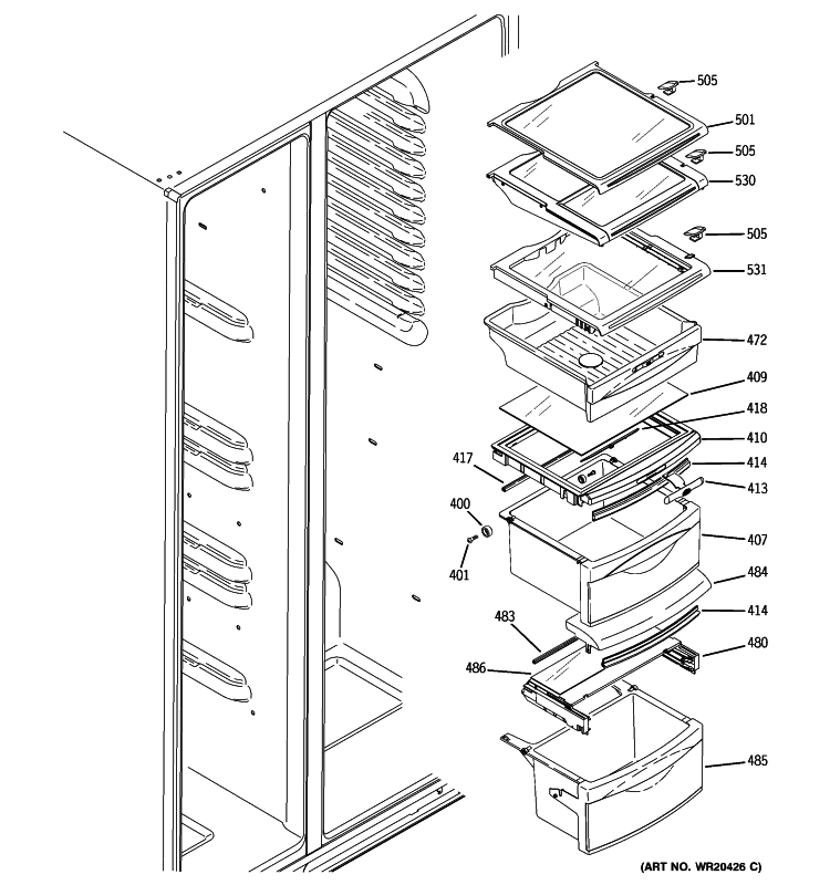 FRESH FOOD SHELVES Diagram and Parts List for ESHS5MGXBESS  General Electric Refrigerator