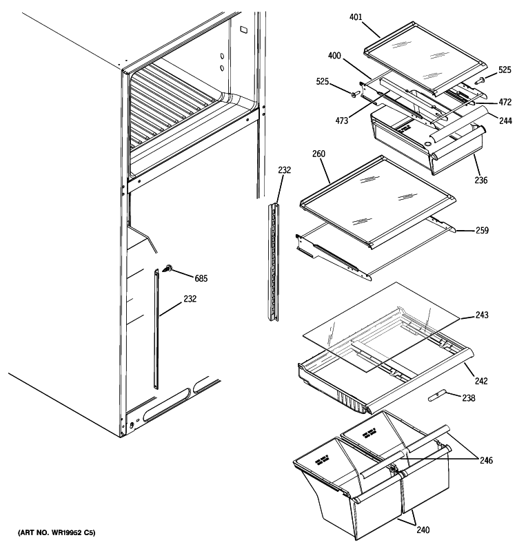 FRESH FOOD SHELVES Diagram and Parts List for 38768RBWXRBS  General Electric Refrigerator