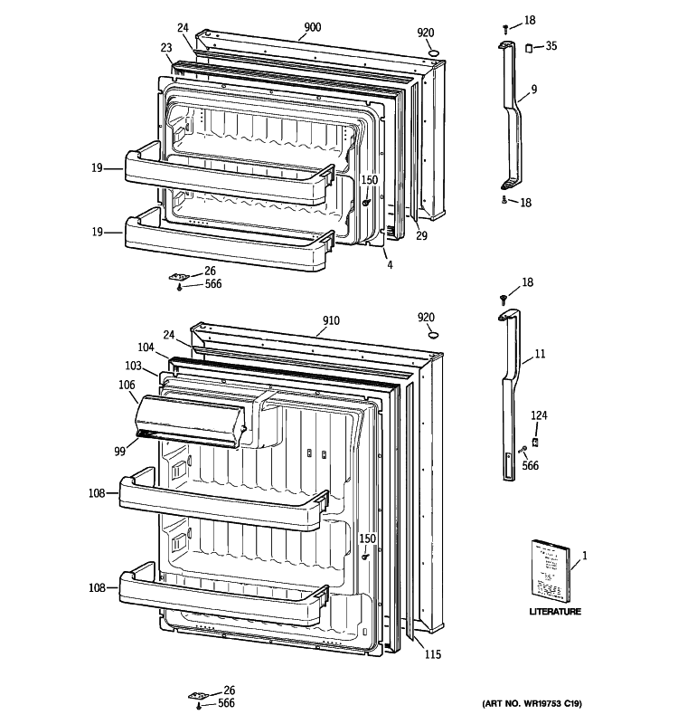DOORS Diagram and Parts List for CTS17RBSBRWW  General Electric Refrigerator