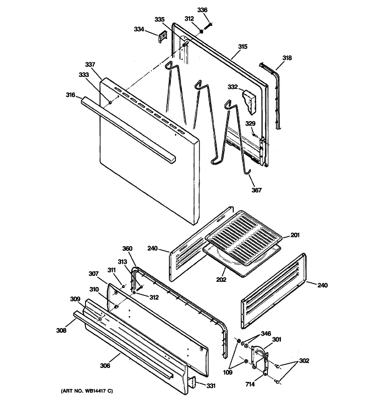 DOOR & DRAWER PARTS Diagram and Parts List for RGB508PPH3CT  Hotpoint Range