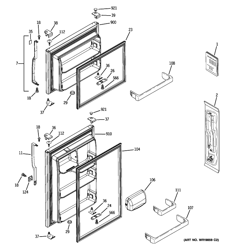 DOORS Diagram and Parts List for HTS18BBPXLCC  Hotpoint Refrigerator