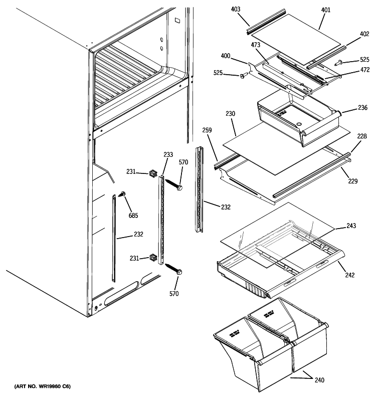 FRESH FOOD SHELVES Diagram and Parts List for HTS18IBSXLBB  Hotpoint Refrigerator