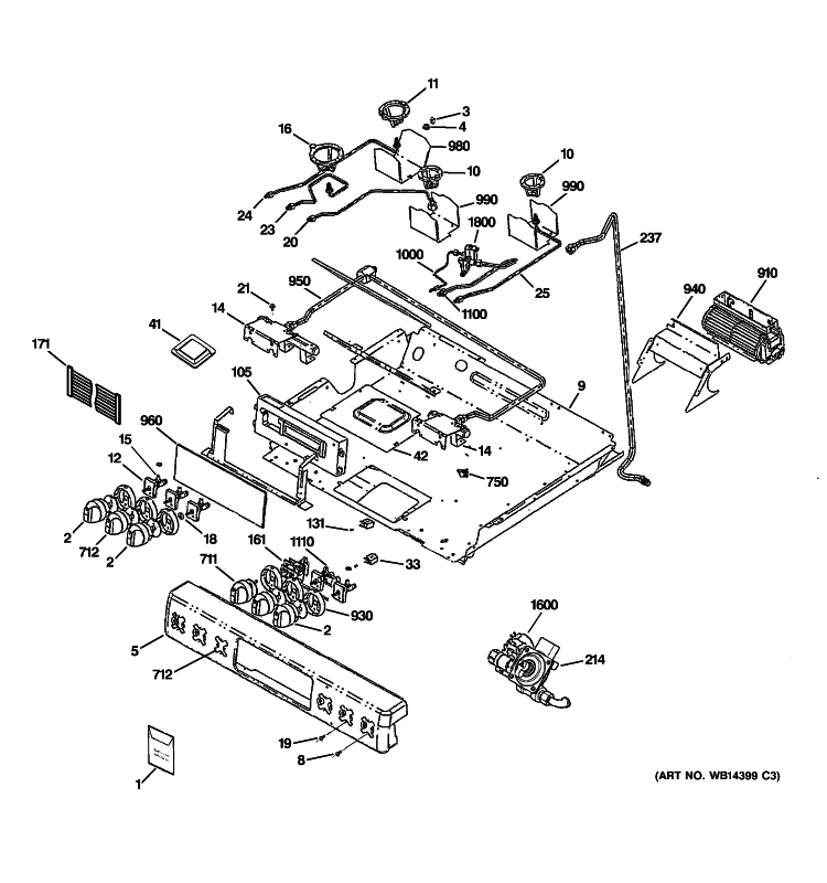 GAS & BURNER PARTS Diagram and Parts List for C2S980SEM3SS  General Electric Range