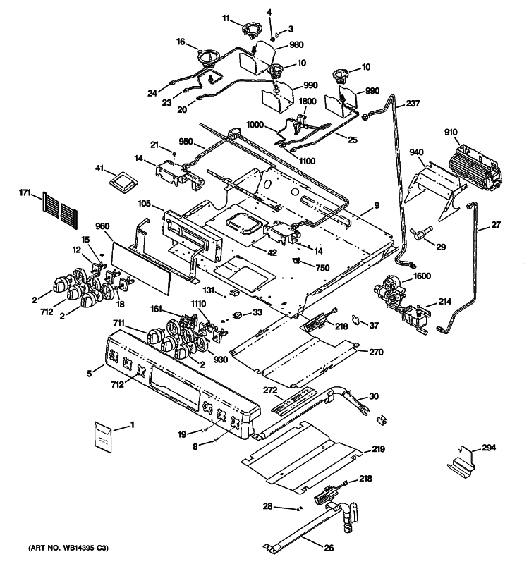 CONTROL PANEL, GAS & BURNER PARTS Diagram and Parts List for CGS980SEM2SS  General Electric Range