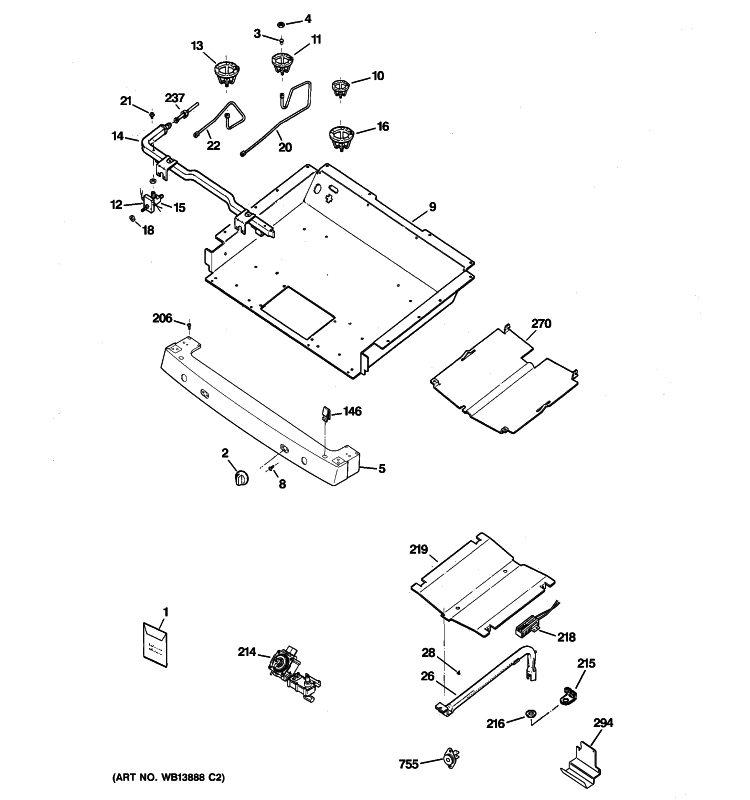 GAS & BURNER PARTS Diagram and Parts List for J2BP85BEL3BB  General Electric Range