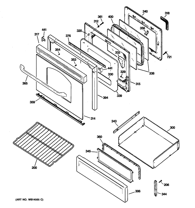 DOOR & DRAWER PARTS Diagram and Parts List for J2BP85BEL3BB  General Electric Range