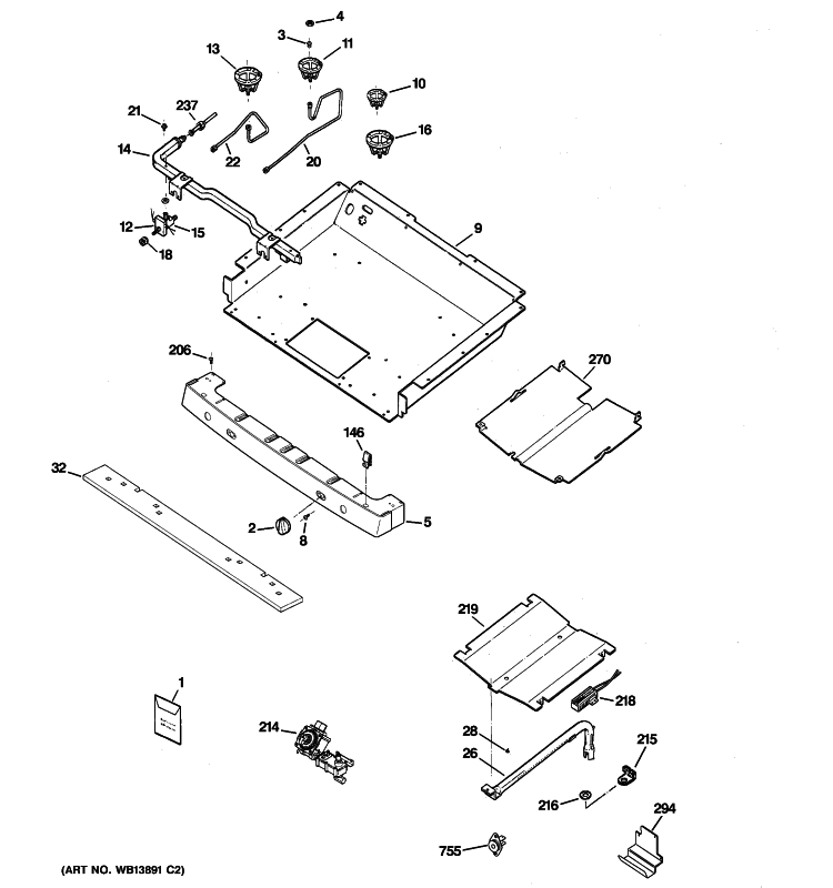 GAS & BURNER PARTS Diagram and Parts List for J2BP85SEL3SS  General Electric Range