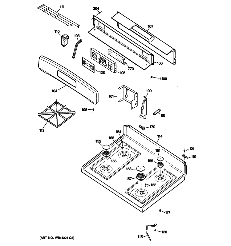 CONTROL PANEL & COOKTOP Diagram and Parts List for JGB290DEN2WW  General Electric Range