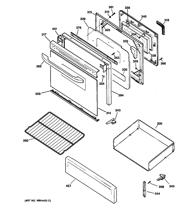 DOOR & DRAWER PARTS Diagram and Parts List for JGBP28WEK5WW  General Electric Range