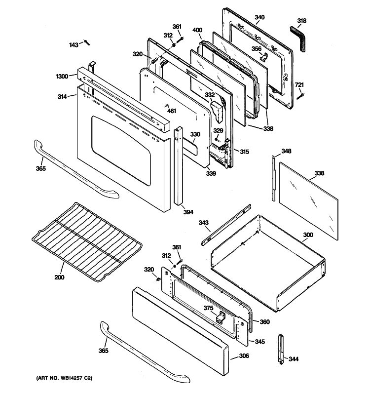 DOOR & DRAWER PARTS Diagram and Parts List for JGBP85SEM3SS  General Electric Range