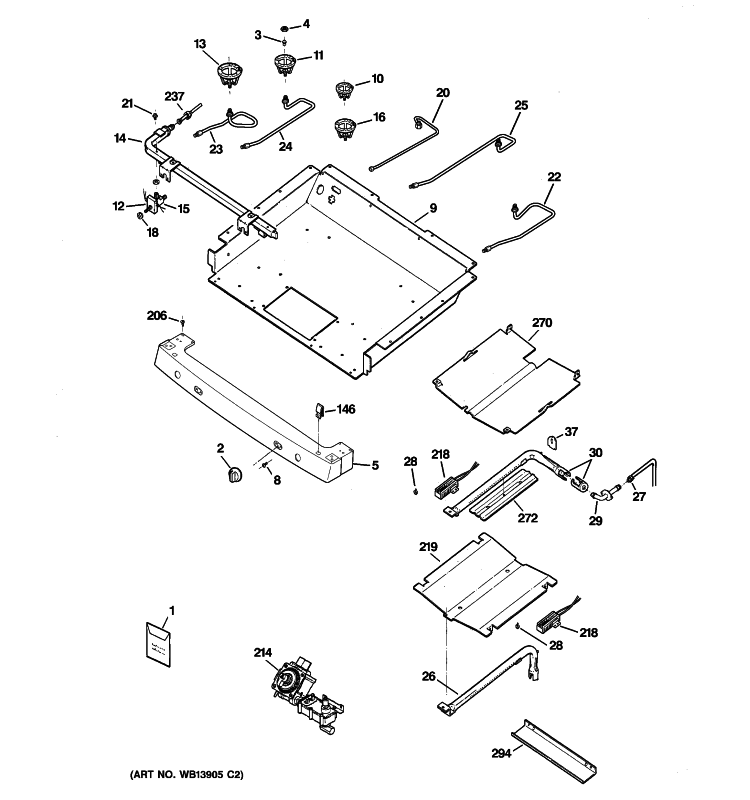 GAS & BURNER PARTS Diagram and Parts List for JGBP88DEM2WW  General Electric Range