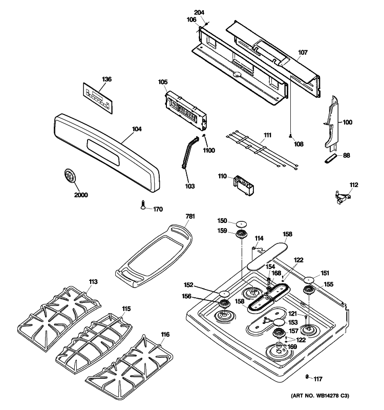 CONTROL PANEL & COOKTOP Diagram and Parts List for JGBP89SEM2SS  General Electric Range