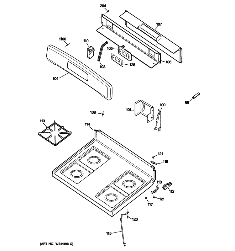 CONTROL PANEL & COOKTOP Diagram and Parts List for JGBS19BEM4WH  General Electric Range