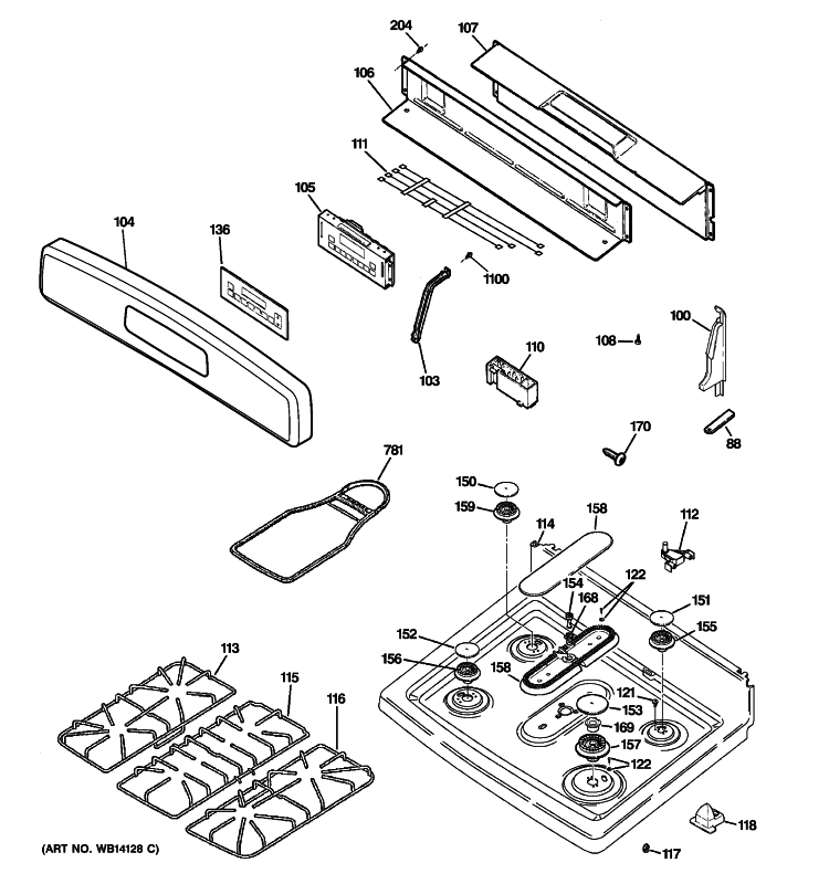 CONTROL PANEL & COOKTOP Diagram and Parts List for JGBS80DEM2WW  General Electric Range