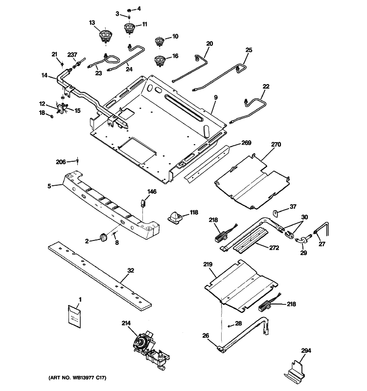 GAS & BURNER PARTS Diagram and Parts List for PGB916SEM2SS  General Electric Range