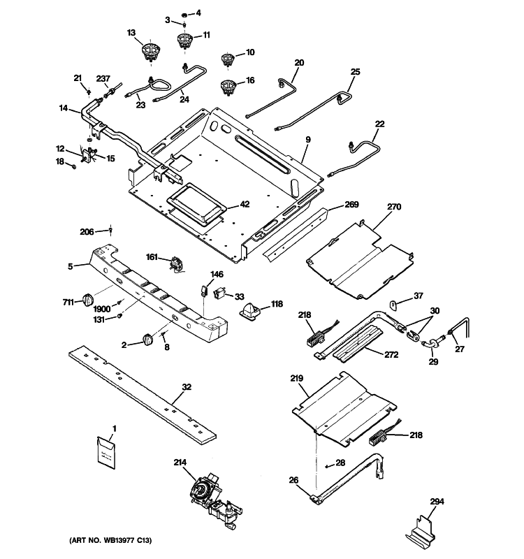 GAS & BURNER PARTS Diagram and Parts List for PGB918DEM2BB  General Electric Range