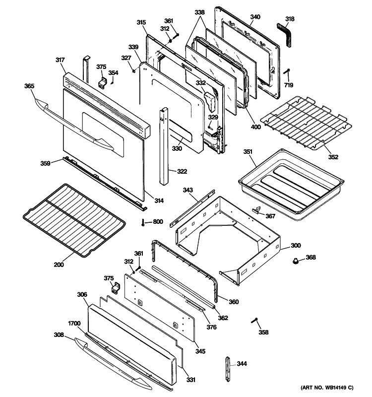DOOR & DRAWER PARTS Diagram and Parts List for PGB918DEM2BB  General Electric Range