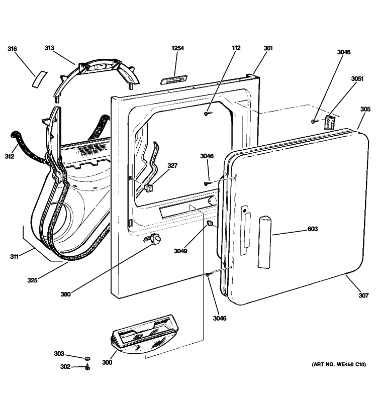 FRONT PANEL & DOOR Diagram and Parts List for DCCB330EG4WC  General Electric Dryer