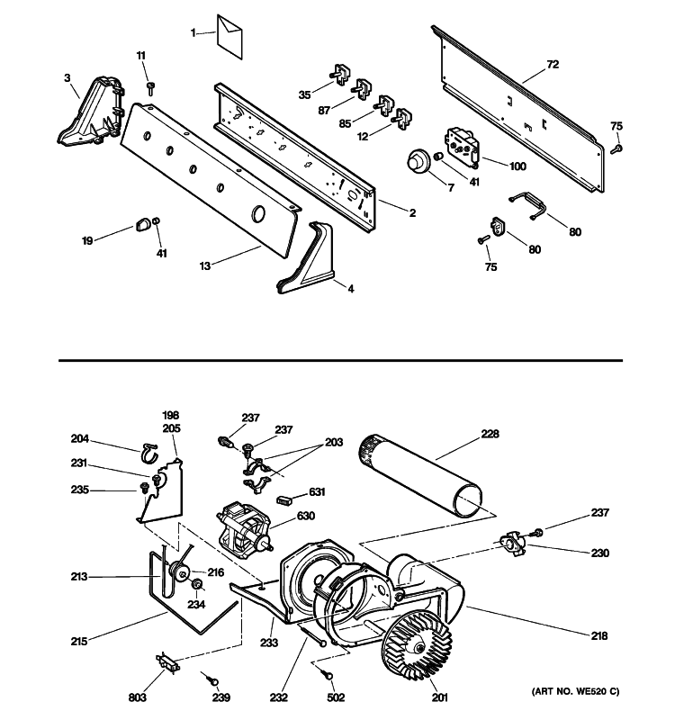 BACKSPLASH, BLOWER & MOTOR ASSEMBLY Diagram and Parts List for DISR473DG8WW  General Electric Dryer