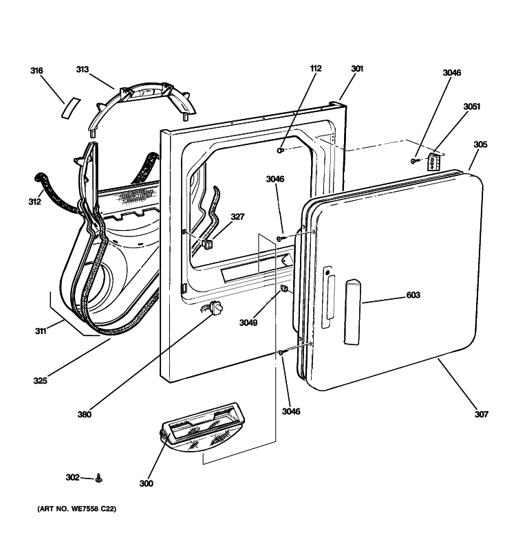 FRONT PANEL & DOOR Diagram and Parts List for DIST333JTFWW  General Electric Dryer
