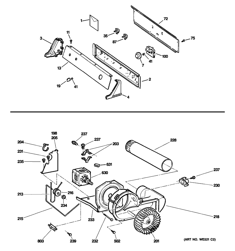 BACKSPLASH, BLOWER & MOTOR ASSEMBLY Diagram and Parts List for DLLSR33GF6WC  General Electric Dryer