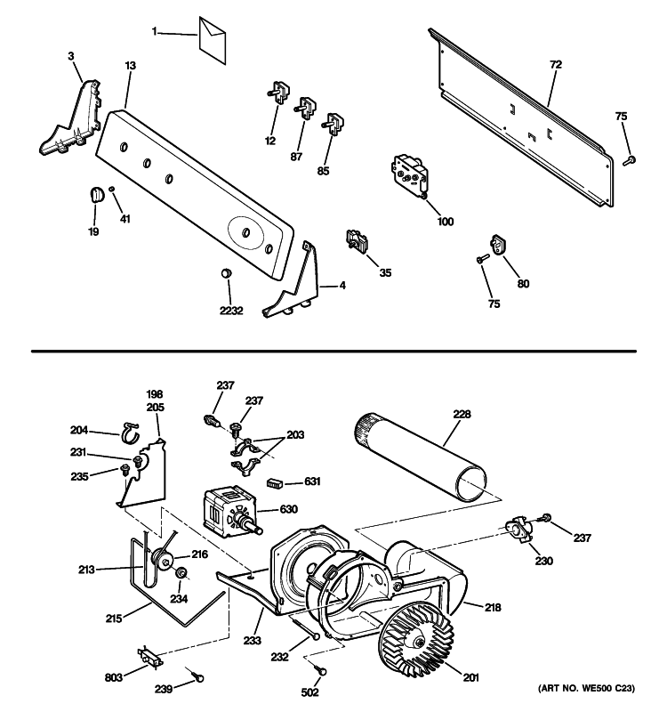 BACKSPLASH, BLOWER & MOTOR ASSEMBLY Diagram and Parts List for DLLSR40EG6WW  General Electric Dryer