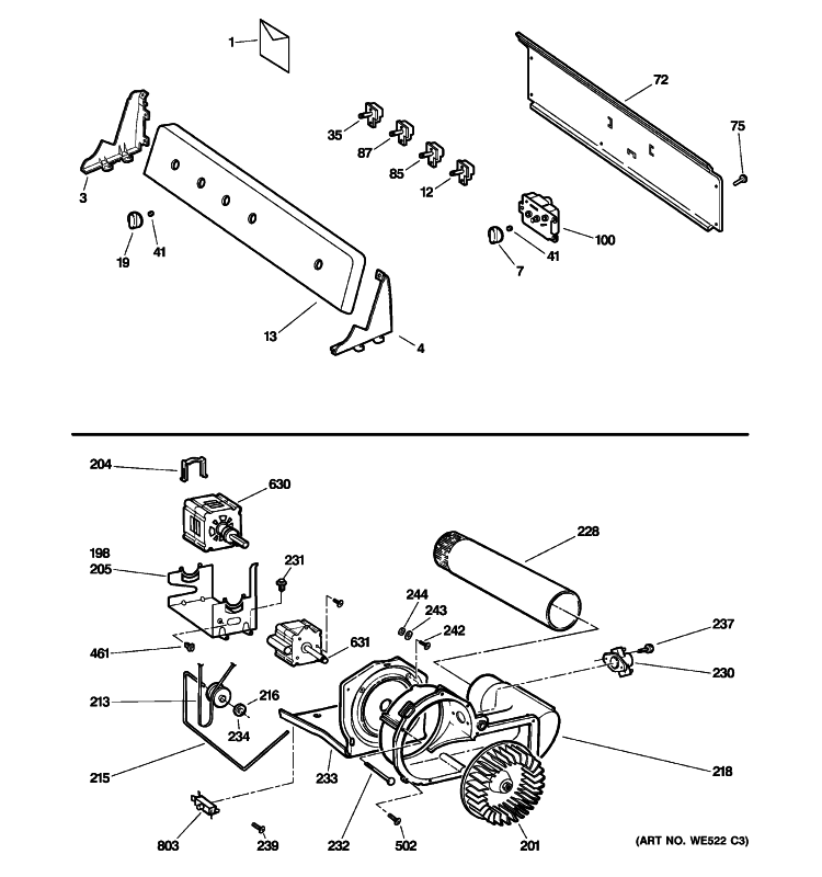 BACKSPLASH, BLOWER & MOTOR ASSEMBLY Diagram and Parts List for DLSR483GG6WW  General Electric Dryer