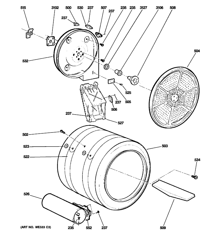 DRUM Diagram and Parts List for DNCD450GG5WC  General Electric Dryer