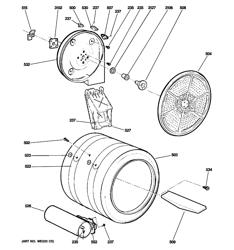 DRUM Diagram and Parts List for DPSE810GG5WT  General Electric Dryer
