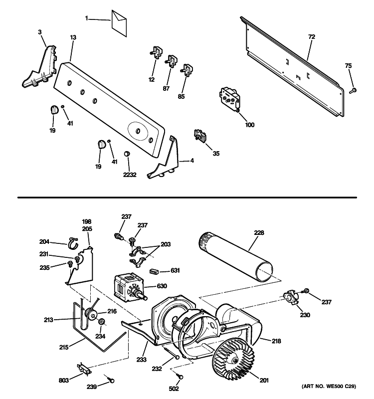 BACKSPLASH, BLOWER & MOTOR ASSEMBLY Diagram and Parts List for DRSR483GG6CC  General Electric Dryer