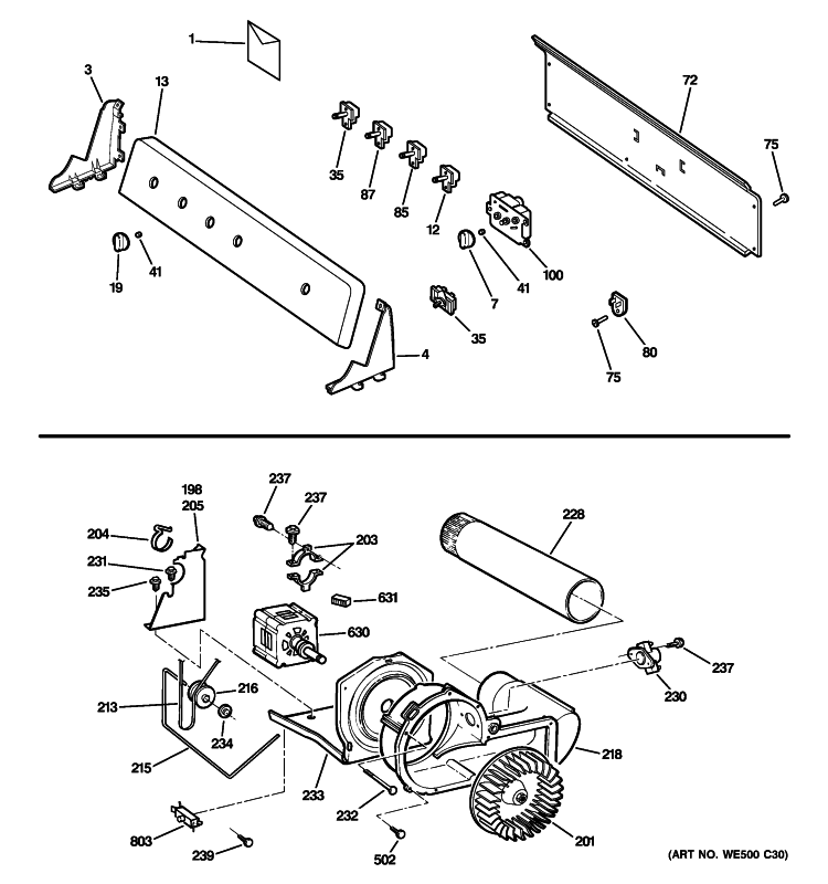 BACKSPLASH, BLOWER & MOTOR ASSEMBLY Diagram and Parts List for DWSR483EG8WW  General Electric Dryer