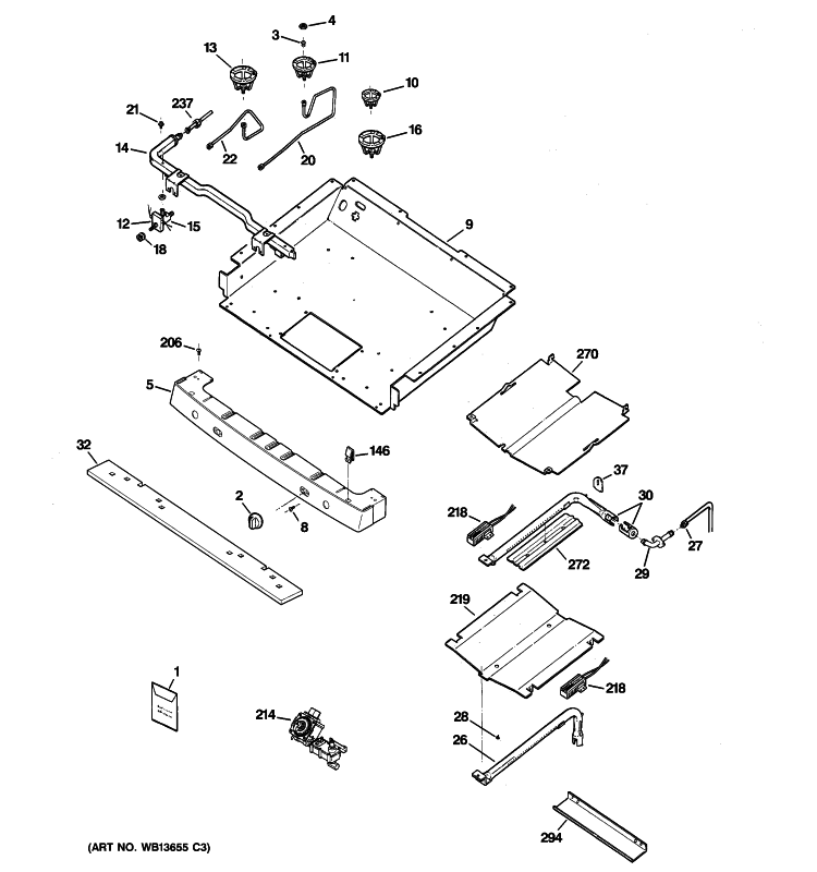 GAS & BURNER PARTS Diagram and Parts List for JGBP36SEM3SS  General Electric Range