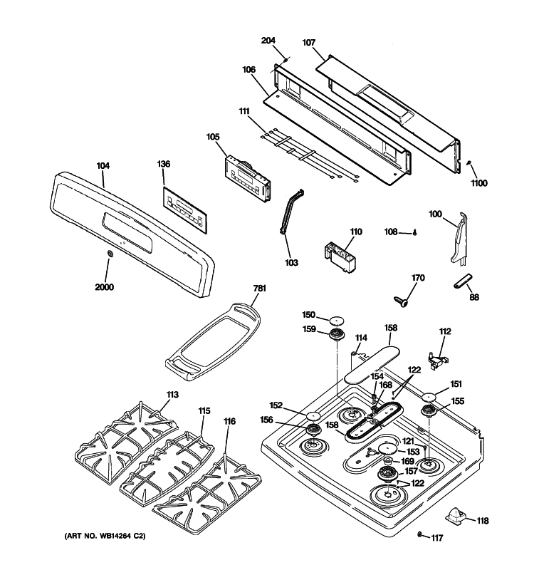 CONTROL PANEL & COOKTOP Diagram and Parts List for JGBP87DEM2WW  General Electric Range