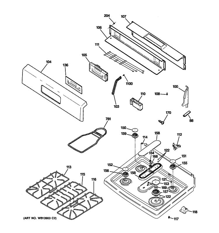 CONTROL PANEL & COOKTOP Diagram and Parts List for JGBS80SEM2SS  General Electric Range