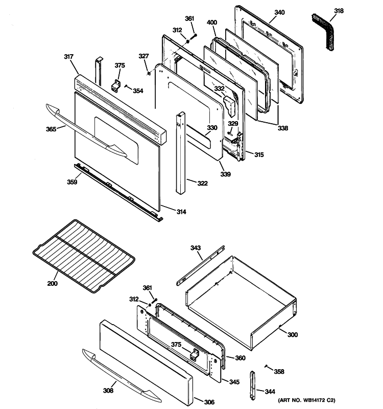 DOOR & DRAWER PARTS Diagram and Parts List for PGB908DEM2CC  General Electric Range