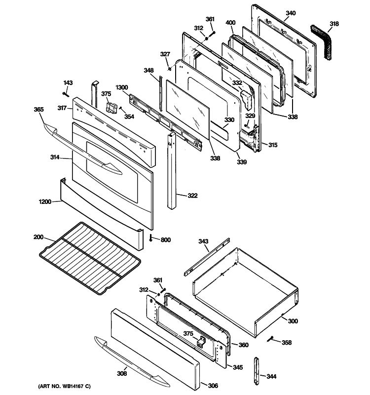 DOOR & DRAWER PARTS Diagram and Parts List for PGB908SEM2SS  General Electric Range