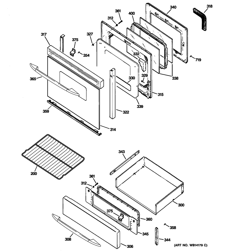 DOOR & DRAWER PARTS Diagram and Parts List for PGB916DEM2CC  General Electric Range