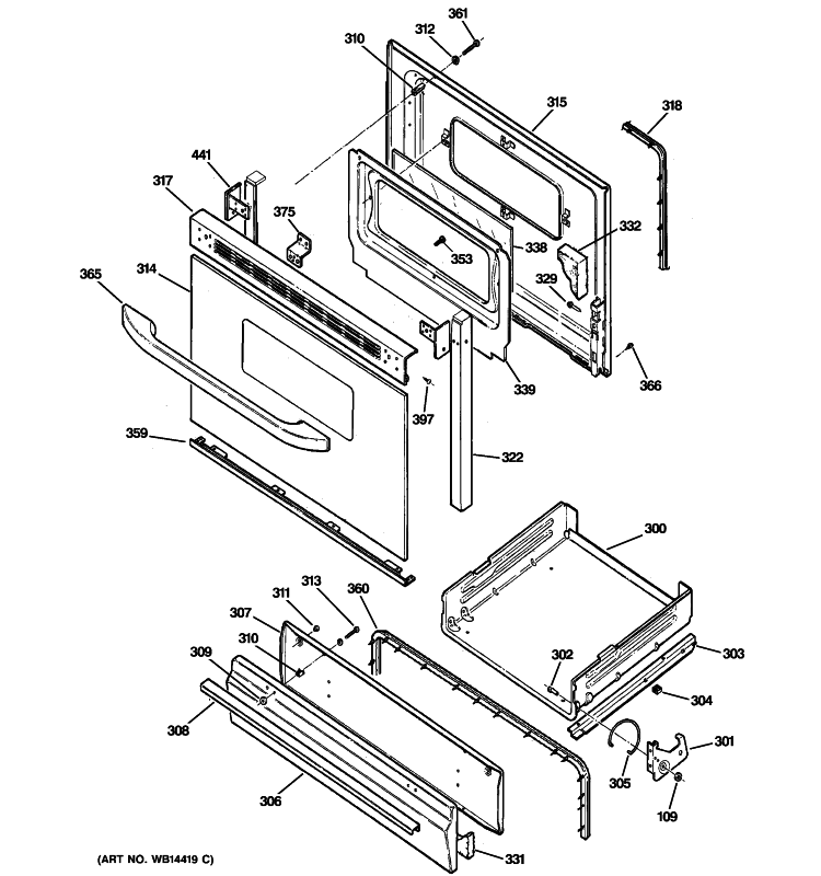 DOOR & DRAWER PARTS Diagram and Parts List for RGB533BEK7BB  Hotpoint Range