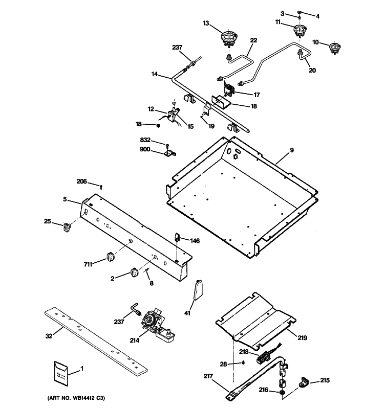 GAS & BURNER PARTS Diagram and Parts List for RGB540SEH8SA  Hotpoint Range