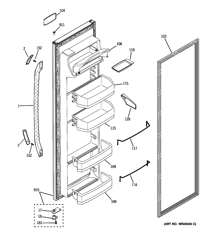 FRESH FOOD DOOR Diagram and Parts List for GSE20IBTHFWW  General Electric Refrigerator